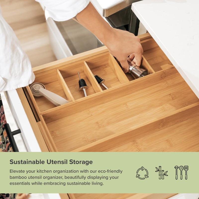 KitchenEdge Adjustable Kitchen Drawer Organizer for Utensils and Junk, Food-Safe Contract Grade with 100% Sustainable Wood, Expandable from 10.5 to 19 Inches Wide - Natural Bamboo - Image 5