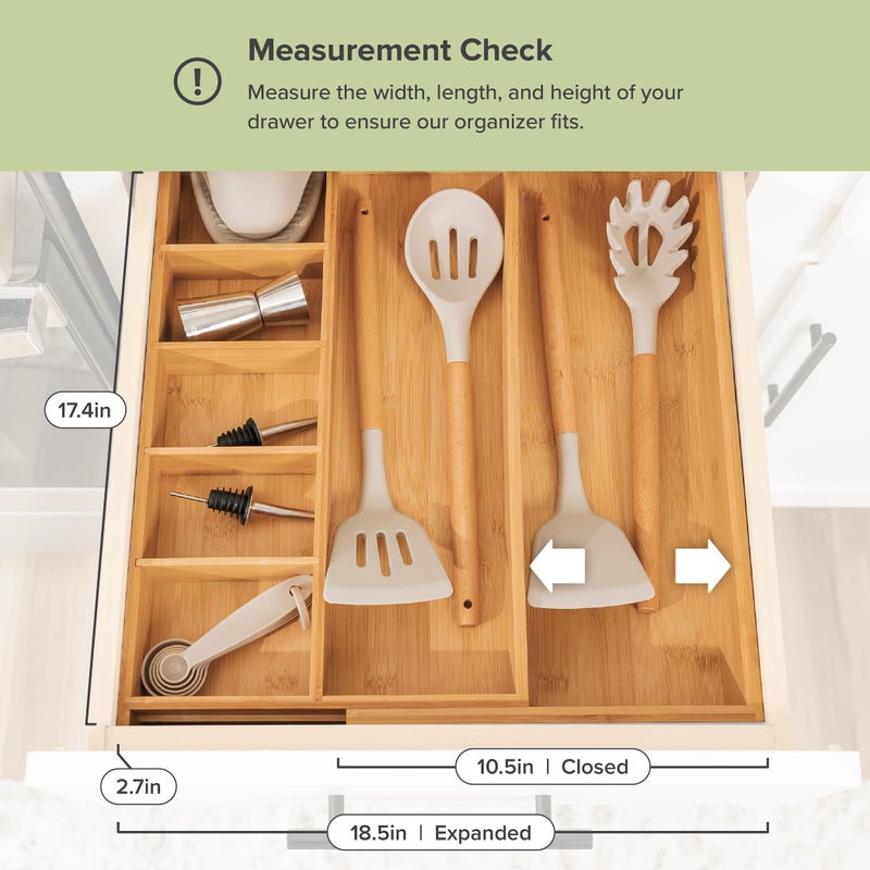 KitchenEdge Adjustable Kitchen Drawer Organizer for Utensils and Junk, Food-Safe Contract Grade with 100% Sustainable Wood, Expandable from 10.5 to 19 Inches Wide - Natural Bamboo - Image 4