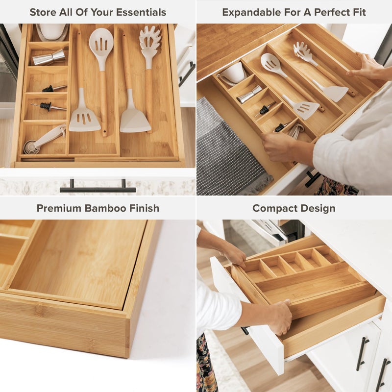 KitchenEdge Adjustable Kitchen Drawer Organizer for Utensils and Junk, Food-Safe Contract Grade with 100% Sustainable Wood, Expandable from 10.5 to 19 Inches Wide - Natural Bamboo - Image 3