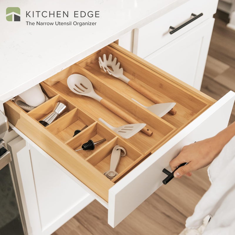 KitchenEdge Adjustable Kitchen Drawer Organizer for Utensils and Junk, Food-Safe Contract Grade with 100% Sustainable Wood, Expandable from 10.5 to 19 Inches Wide - Natural Bamboo - Image 2