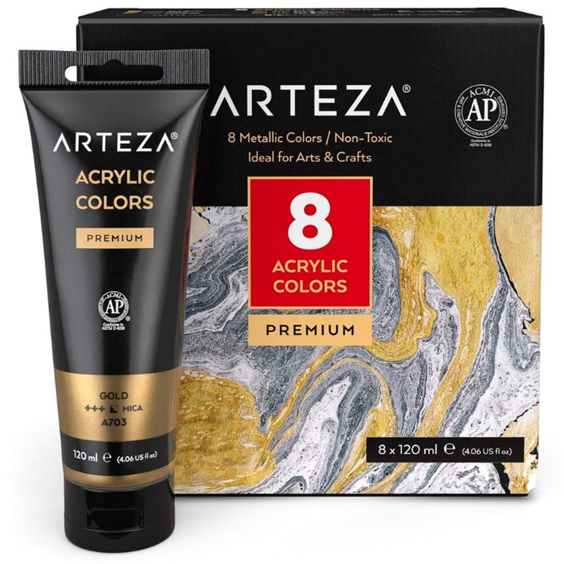 ARTEZA Metallic Acrylic Paint, 8 Metallic Colors in 4.06 ounce Tubes, Artist Paints for Hobby Painters, Art Supplies for Canvas Painting - Image 1