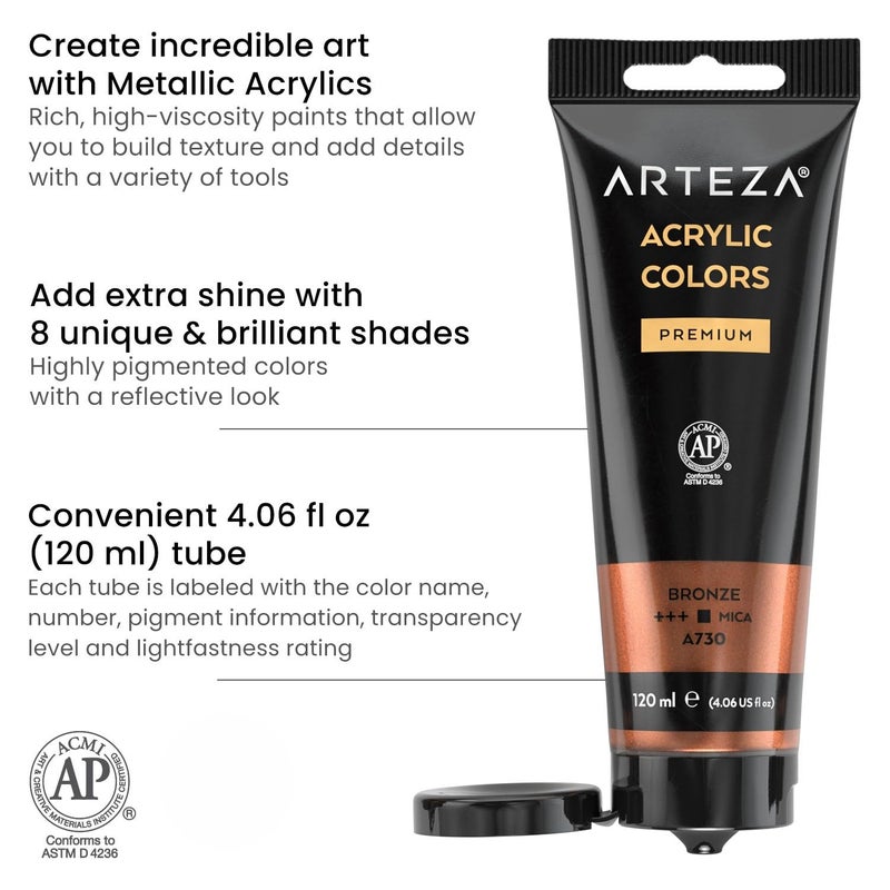 ARTEZA Metallic Acrylic Paint, 8 Metallic Colors in 4.06 ounce Tubes, Artist Paints for Hobby Painters, Art Supplies for Canvas Painting - Image 3