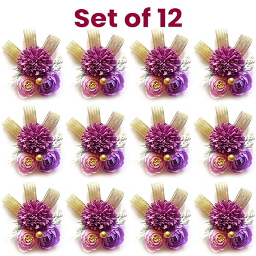 ADIKALA™ Handmade Artificial Carnations & Peonies Flower with Golden Riibbon Bunch for Trousseau Packing, Flower Brooch Hamper for Decoration, Gift Wrapping (12, Purple) - Image 2