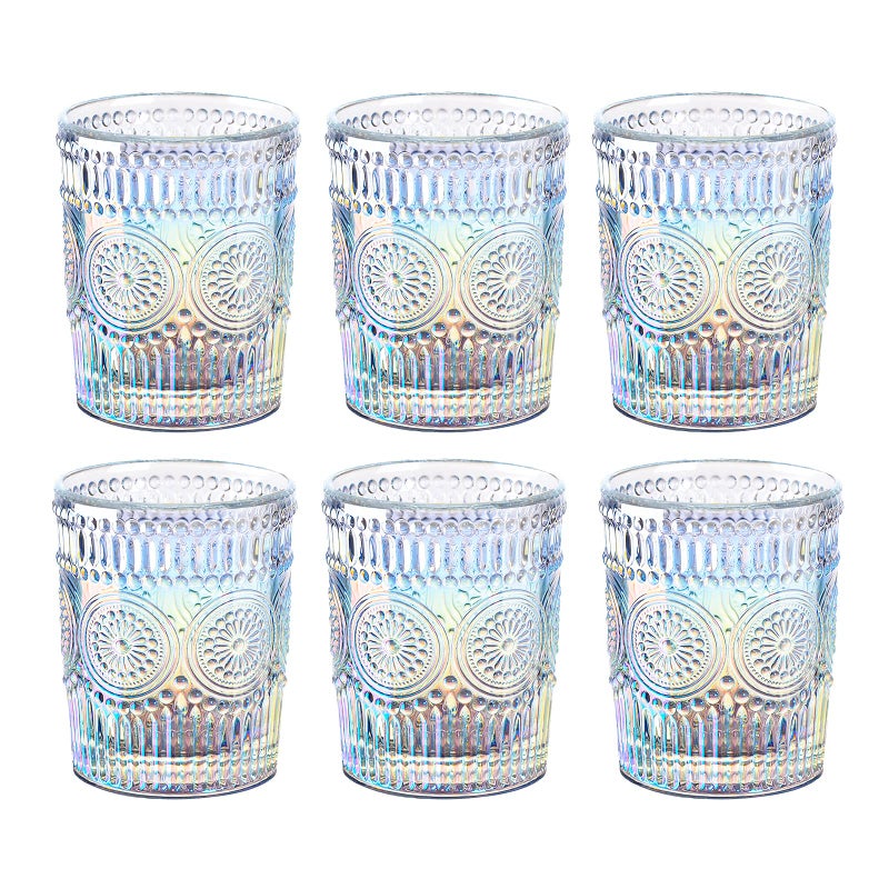 Joeyan Iridescent Drinking Glasses Vintage Glassware Sets Rainbow Embossed Romantic Water Glass Tumbler Great for Juice Cocktail Wine 10 oz Set of 6