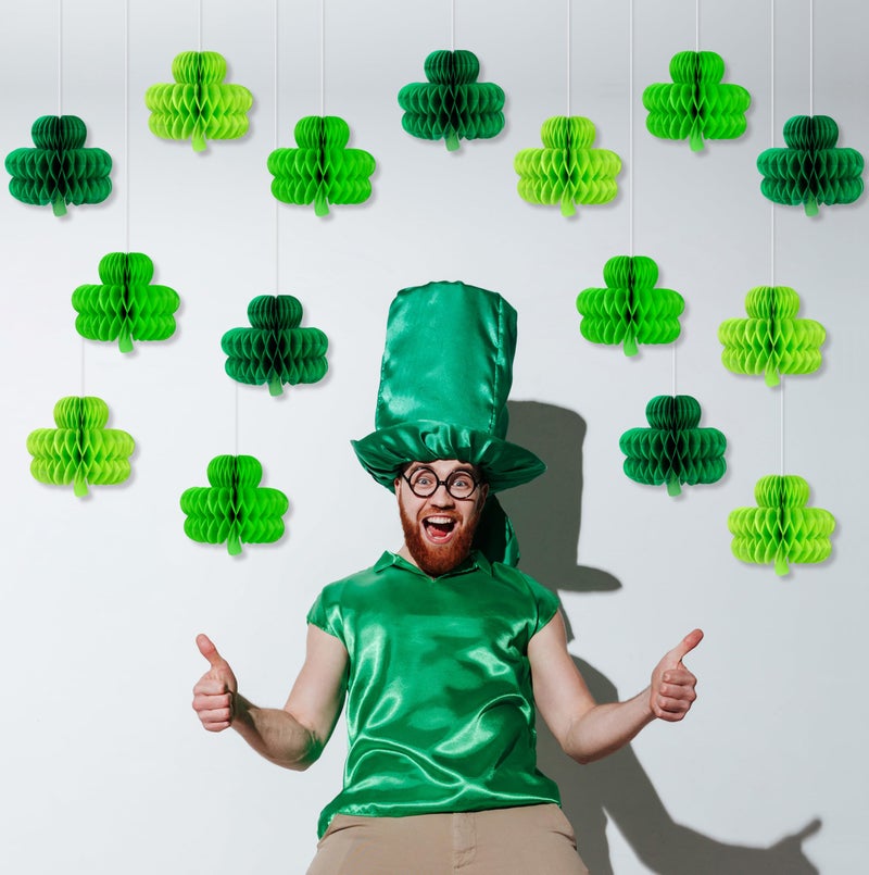 Renbuzhu 15Pcs St Patricks Day Hanging Decorations - Shamrock Honeycomb Paper Irish Ceiling Decor for Table Centerpiece Birthday Party Favor - Image 2