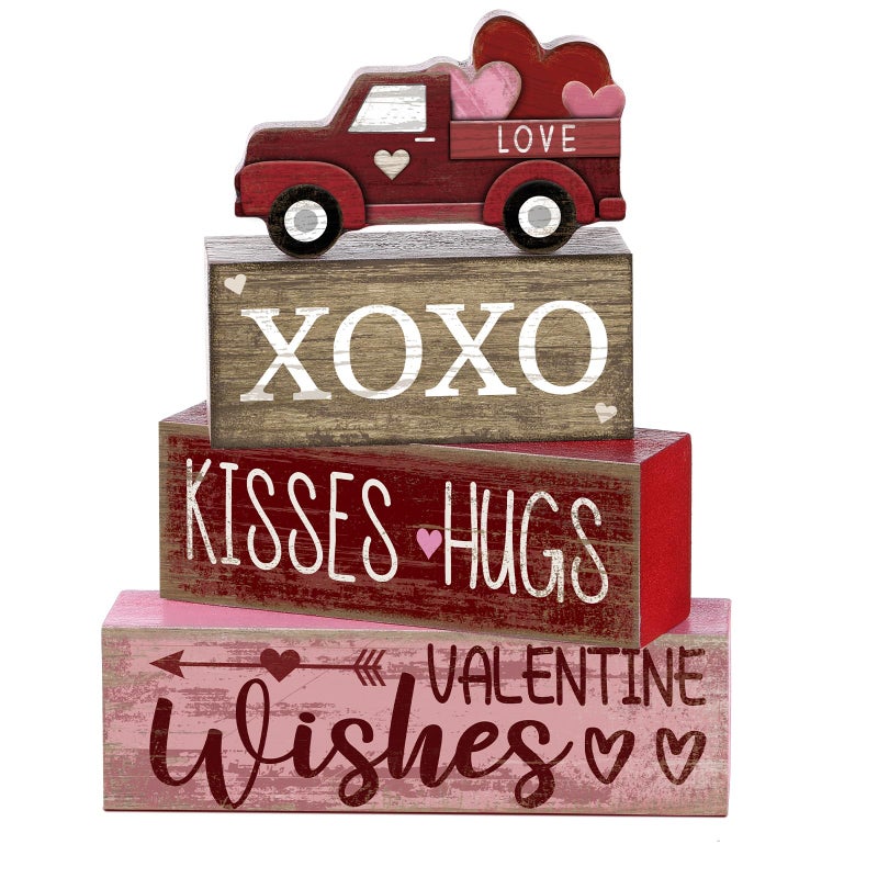 Lineshading 4 Pcs Valentine's Day Table Decoration Wooden Heart Truck Decor Valentine Tiered Tray Decor Valentine's Day Centerpiece Rustic Decorative Truck Block Sign Farmhouse for Home Kitchen Shelf - Image 1