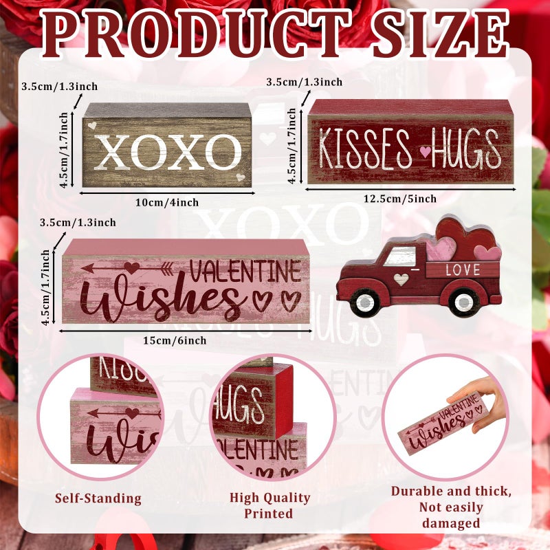 Lineshading 4 Pcs Valentine's Day Table Decoration Wooden Heart Truck Decor Valentine Tiered Tray Decor Valentine's Day Centerpiece Rustic Decorative Truck Block Sign Farmhouse for Home Kitchen Shelf - Image 5