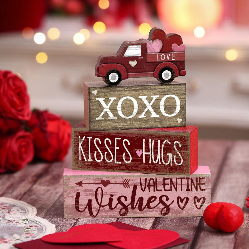 Lineshading 4 Pcs Valentine's Day Table Decoration Wooden Heart Truck Decor Valentine Tiered Tray Decor Valentine's Day Centerpiece Rustic Decorative Truck Block Sign Farmhouse for Home Kitchen Shelf - Image 2