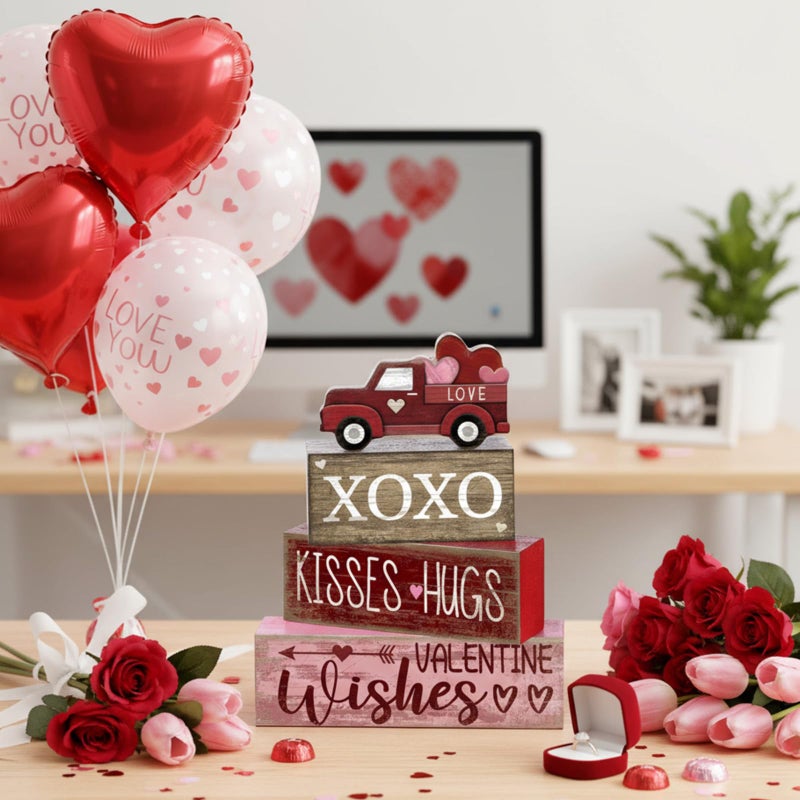 Lineshading 4 Pcs Valentine's Day Table Decoration Wooden Heart Truck Decor Valentine Tiered Tray Decor Valentine's Day Centerpiece Rustic Decorative Truck Block Sign Farmhouse for Home Kitchen Shelf - Image 4