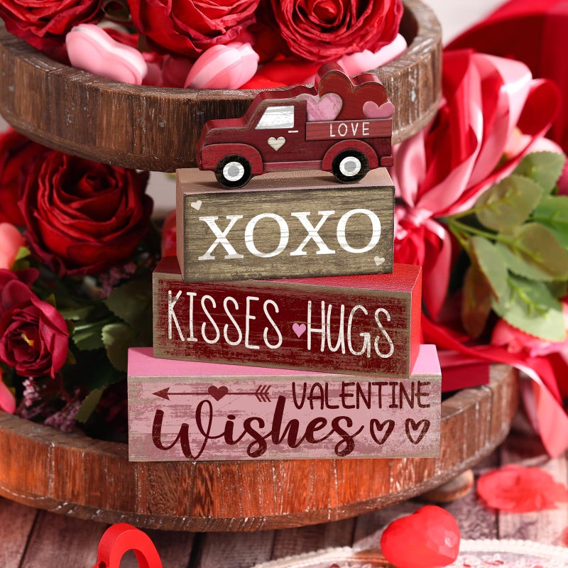 Lineshading 4 Pcs Valentine's Day Table Decoration Wooden Heart Truck Decor Valentine Tiered Tray Decor Valentine's Day Centerpiece Rustic Decorative Truck Block Sign Farmhouse for Home Kitchen Shelf - Image 3