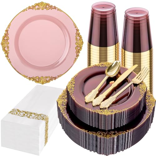 Hioasis 175pcs Burgundy and Gold Plastic Plates - Elegant Disposable Dinnerware Set Suitable for 25 Guests Include 10.25" Dinner & 7.5" Dessert Plates, Cutlery, Napkins, Cups for Party - Image 1