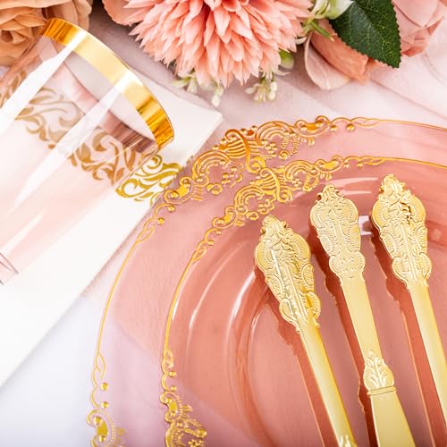 Hioasis 175pcs Burgundy and Gold Plastic Plates - Elegant Disposable Dinnerware Set Suitable for 25 Guests Include 10.25" Dinner & 7.5" Dessert Plates, Cutlery, Napkins, Cups for Party - Image 2