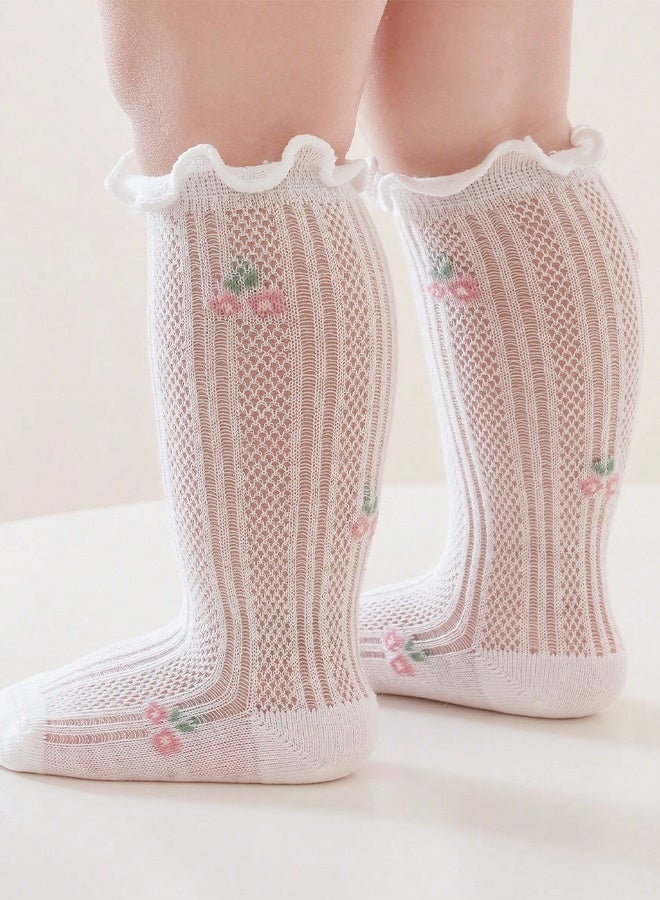 Kids Knee High Socks Breathable Mesh Floral Cherry Pattern Ruffle Top Toddler Girls Calf Socks, Soft Thin Cotton Summer Children Socks, 2 Pairs Cute Daily Wear Baby Socks - Image 5