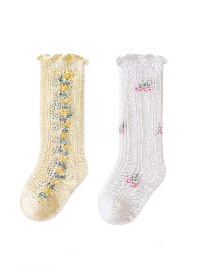 Kids Knee High Socks Breathable Mesh Floral Cherry Pattern Ruffle Top Toddler Girls Calf Socks, Soft Thin Cotton Summer Children Socks, 2 Pairs Cute Daily Wear Baby Socks - Image 1