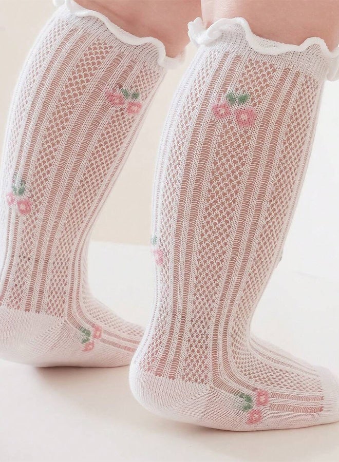 Kids Knee High Socks Breathable Mesh Floral Cherry Pattern Ruffle Top Toddler Girls Calf Socks, Soft Thin Cotton Summer Children Socks, 2 Pairs Cute Daily Wear Baby Socks - Image 4