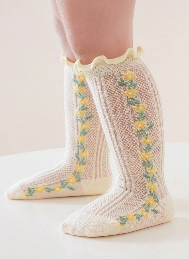 Kids Knee High Socks Breathable Mesh Floral Cherry Pattern Ruffle Top Toddler Girls Calf Socks, Soft Thin Cotton Summer Children Socks, 2 Pairs Cute Daily Wear Baby Socks - Image 2