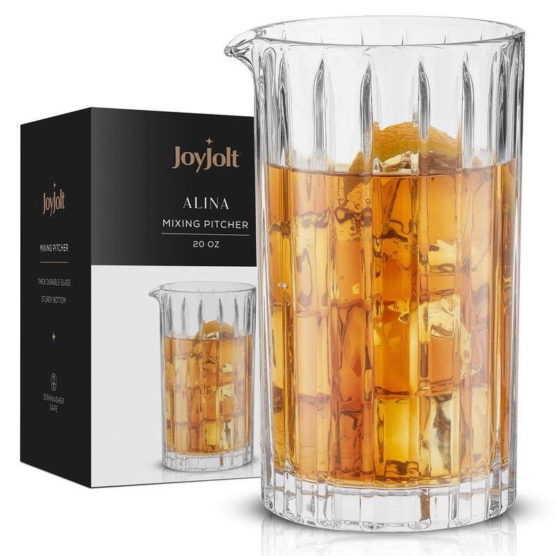 JoyJolt JoyJolt Mixing Glass Pitcher  Alina Ribbed Glassware 20oz Cocktail Mixing Glass Beaker Modern Art Deco Cocktail Stirring Glass Heavy Base Glassware 