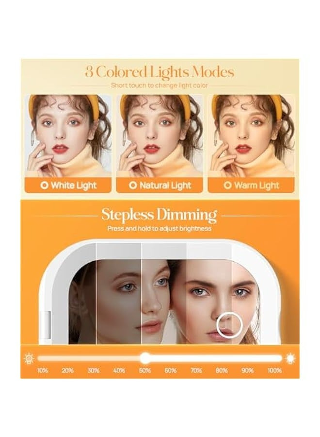 مرآة مكياج LED للسفر بإضاءة مضيئة وتكبير 1X/3X، تعتيم غير متدرج وثلاثة ألوان قابلة للضبط، بطارية قابلة للشحن، حجم صغير للحقيبة والاستخدام المحمول - أبيض - Image 5