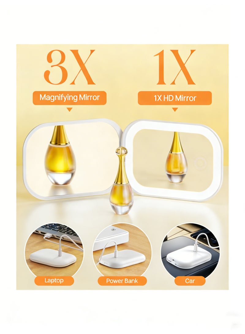 سيسلي مرآة مكياج LED للسفر بإضاءة مضيئة وتكبير 1X/3X، تعتيم غير متدرج وثلاثة ألوان قابلة للضبط، بطارية قابلة للشحن، حجم صغير للحقيبة والاستخدام المحمول - أبيض - Image 4