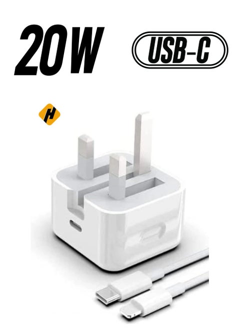 20-W Apple Charger Uk Plug Type C Adapter With 1m Iphone Fast Charging Cable Universal Travel Adapter Usb-c Plug Compatible For All Iphone Device 14/13/12/11 Pro And Pro Max / 8 Plus/X Max/Etc