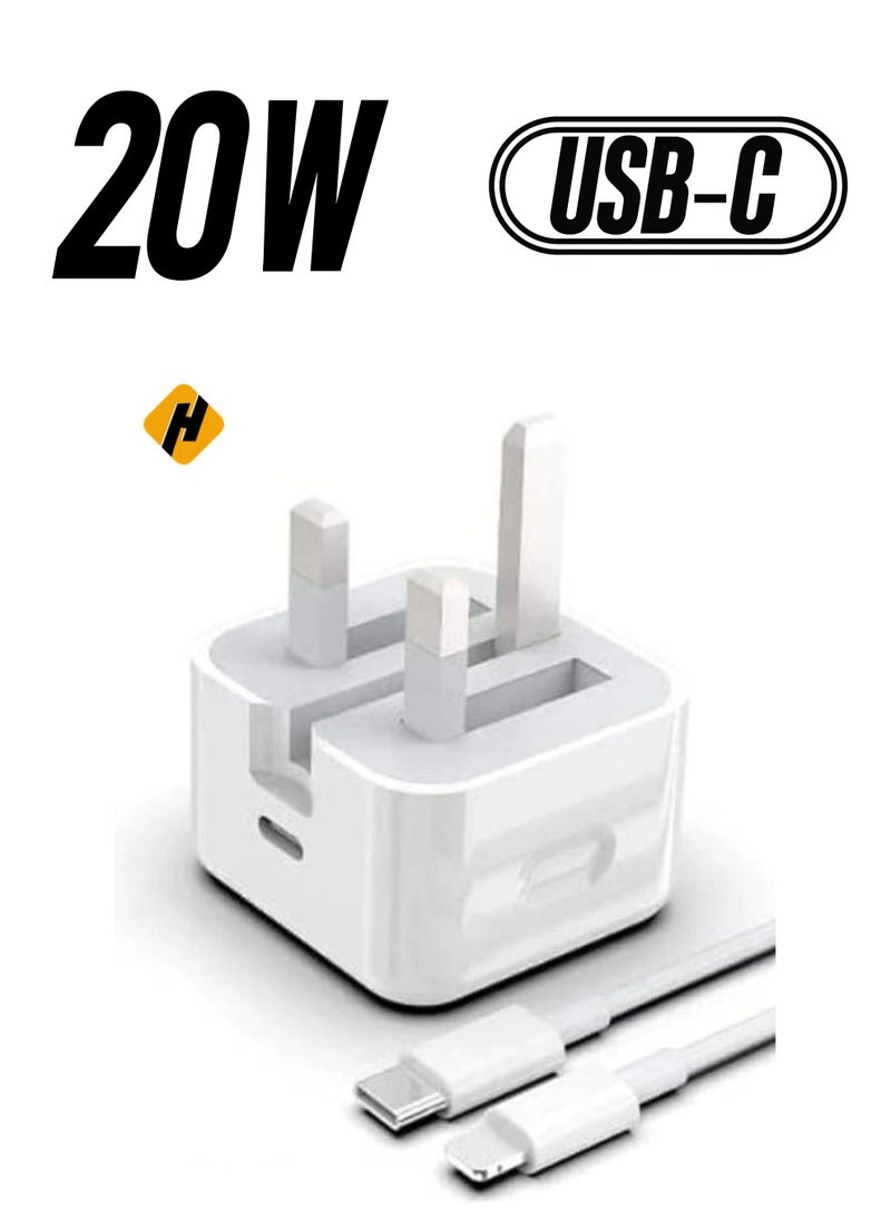 20-W Apple Charger Uk Plug Type C Adapter With 1m Iphone Fast Charging Cable Universal Travel Adapter Usb-c Plug Compatible For All Iphone Device 14/13/12/11 Pro And Pro Max / 8 Plus/X Max/Etc