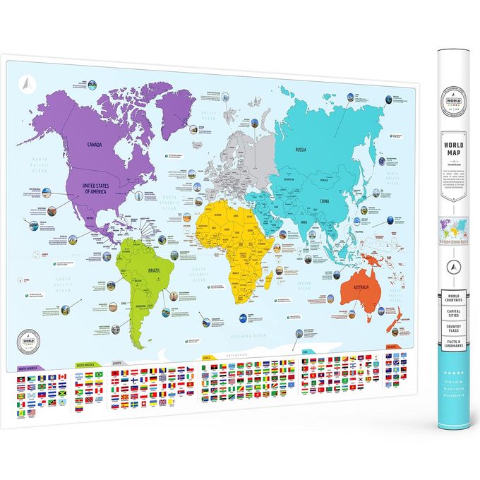 The World Game Colorful World Map With Flags & Capitals + 50 Interesting Facts Xl Wall Art Poster For Home & Classroom Educational For Kids & Adults - Image 1