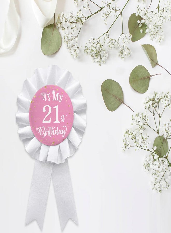 WIDEIDEAL It's My 21st Birthday Party Badge Button, Happy 21st Birthday Girls White Corsage Award Ribbon Party Decorations Supplies - Pink Pattern - Image 3
