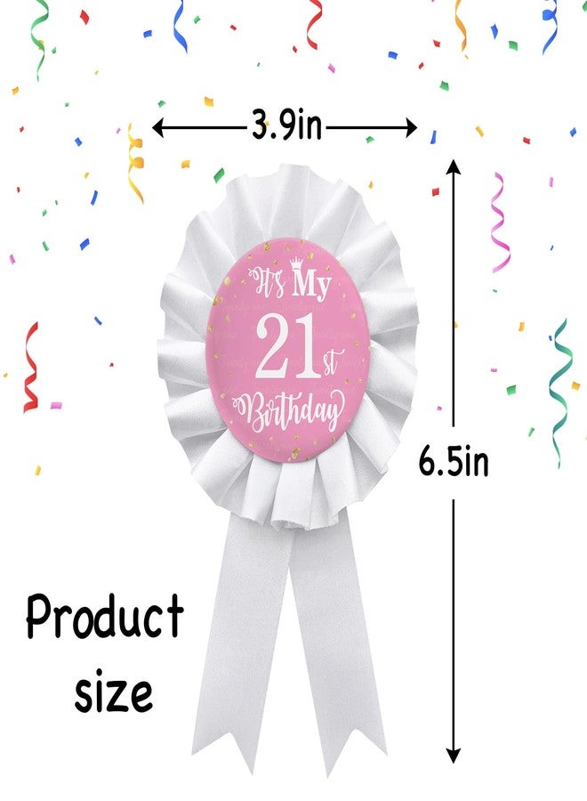 WIDEIDEAL It's My 21st Birthday Party Badge Button, Happy 21st Birthday Girls White Corsage Award Ribbon Party Decorations Supplies - Pink Pattern - Image 2