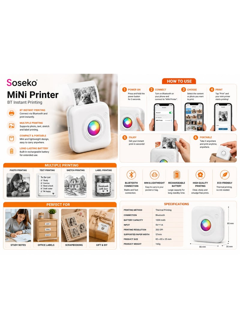 Soseko Mini Thermal Printer, Portable Bluetooth Wireless Photo & Label Printer for Mobile Devices - Image 2