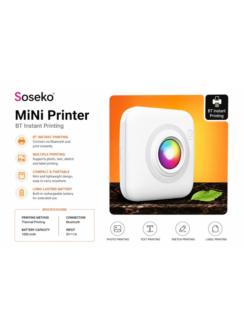 Soseko Mini Thermal Printer, Portable Bluetooth Wireless Photo & Label Printer for Mobile Devices - Image 1
