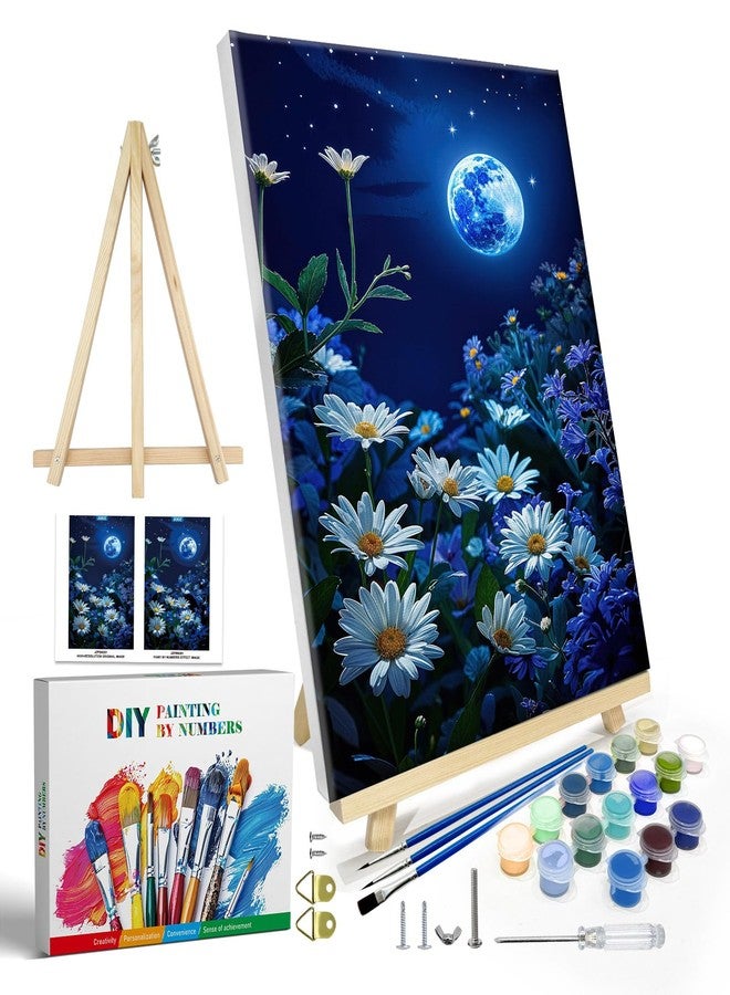 JOOZ Paint by Numbers Kit for Adults with Frame, Moon Paint by Number with Easel, DIY Starry Sky Flowers Paint by Numbers, Easy Adult Paint by Number Kits on Canvas for Home Wall Decor 8x12 Inch - Image 1