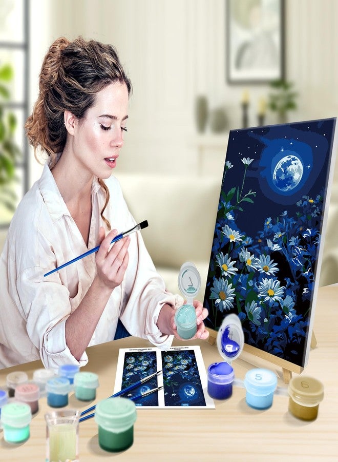 JOOZ Paint by Numbers Kit for Adults with Frame, Moon Paint by Number with Easel, DIY Starry Sky Flowers Paint by Numbers, Easy Adult Paint by Number Kits on Canvas for Home Wall Decor 8x12 Inch - Image 4