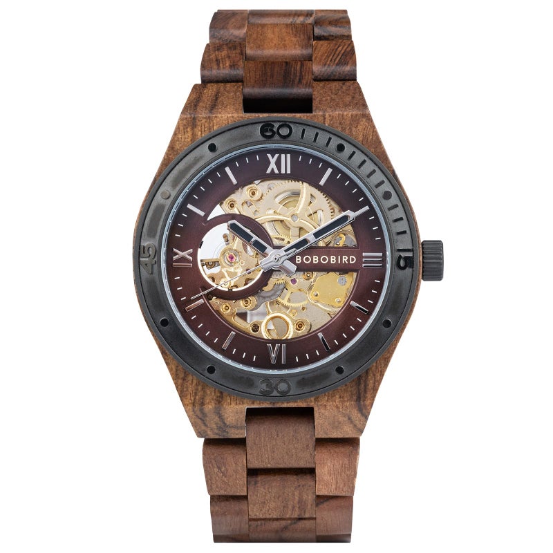 BOBO BIRD Mens Wood Watches Skeleton Mechanical Wooden Watch Lightweight Luxury Wristwatches with Natural Wood Band of Limited Edition Collection for Men red - Image 2