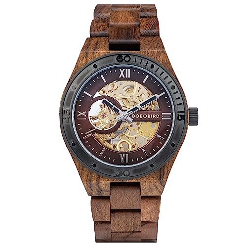 BOBO BIRD Mens Wood Watches Skeleton Mechanical Wooden Watch Lightweight Luxury Wristwatches with Natural Wood Band of Limited Edition Collection for Men red - Image 1