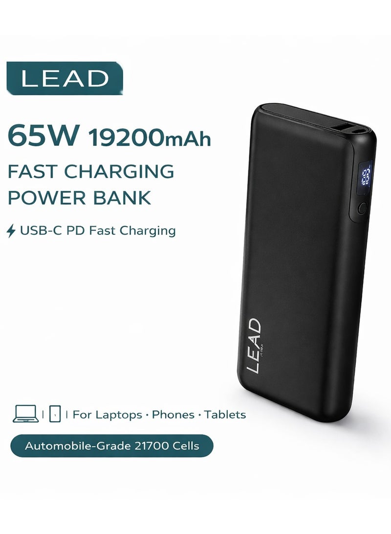 LEAD 65W PD Fast Charging Power Bank (DL202G)19200mAh – Portable High-Capacity Battery Pack with Dual USB-C & USB-A Output, Automobile-Grade 21700 Cells – Black - Image 1