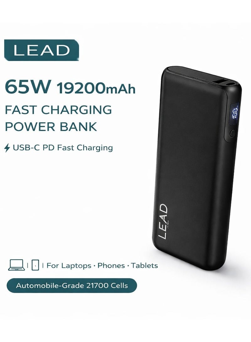 LEAD 65W PD Fast Charging Power Bank (DL202G)19200mAh – Portable High-Capacity Battery Pack with Dual USB-C & USB-A Output, Automobile-Grade 21700 Cells – Black - Image 1