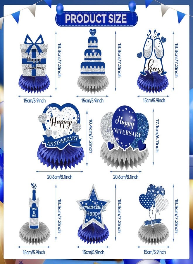 LUUFILx 8Pcs Happy Wedding Anniversary Decorations Blue Silver Anniversary Table Honeycomb Centerpiece Anniversary Table Toppers Party Supplies for Adult 10th 20th 30th 40th 50th 60th Anniversary Table Decor - Image 2
