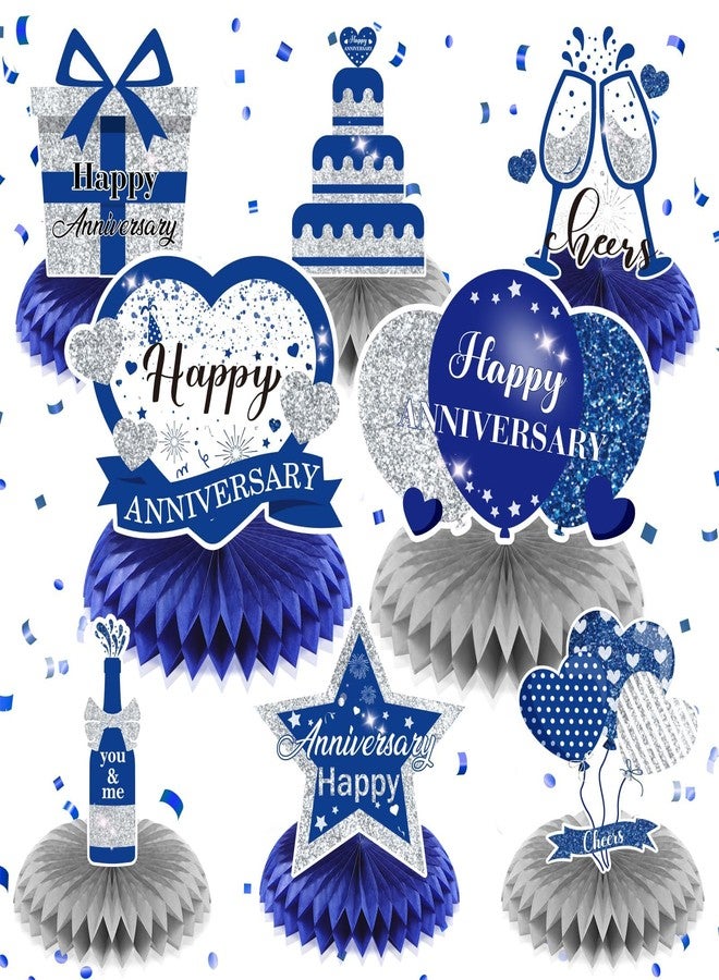 LUUFILx 8Pcs Happy Wedding Anniversary Decorations Blue Silver Anniversary Table Honeycomb Centerpiece Anniversary Table Toppers Party Supplies for Adult 10th 20th 30th 40th 50th 60th Anniversary Table Decor - Image 1