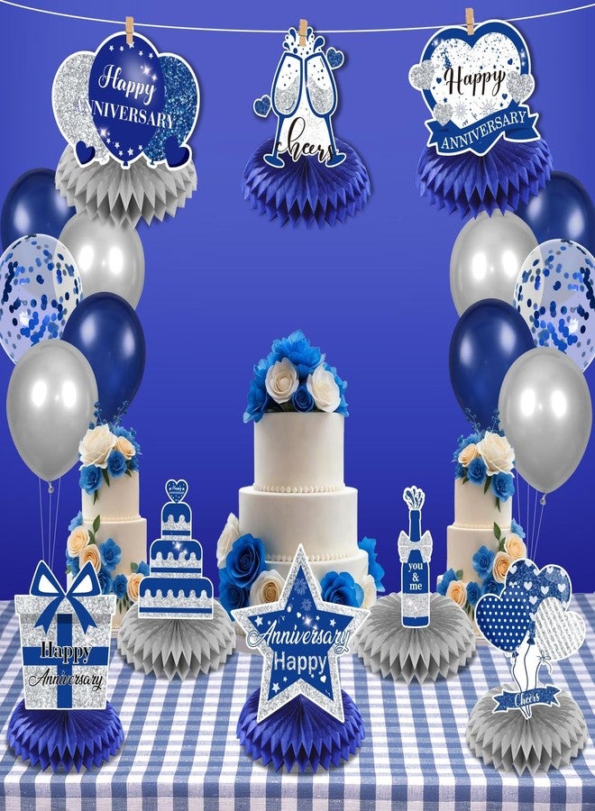 LUUFILx 8Pcs Happy Wedding Anniversary Decorations Blue Silver Anniversary Table Honeycomb Centerpiece Anniversary Table Toppers Party Supplies for Adult 10th 20th 30th 40th 50th 60th Anniversary Table Decor - Image 3