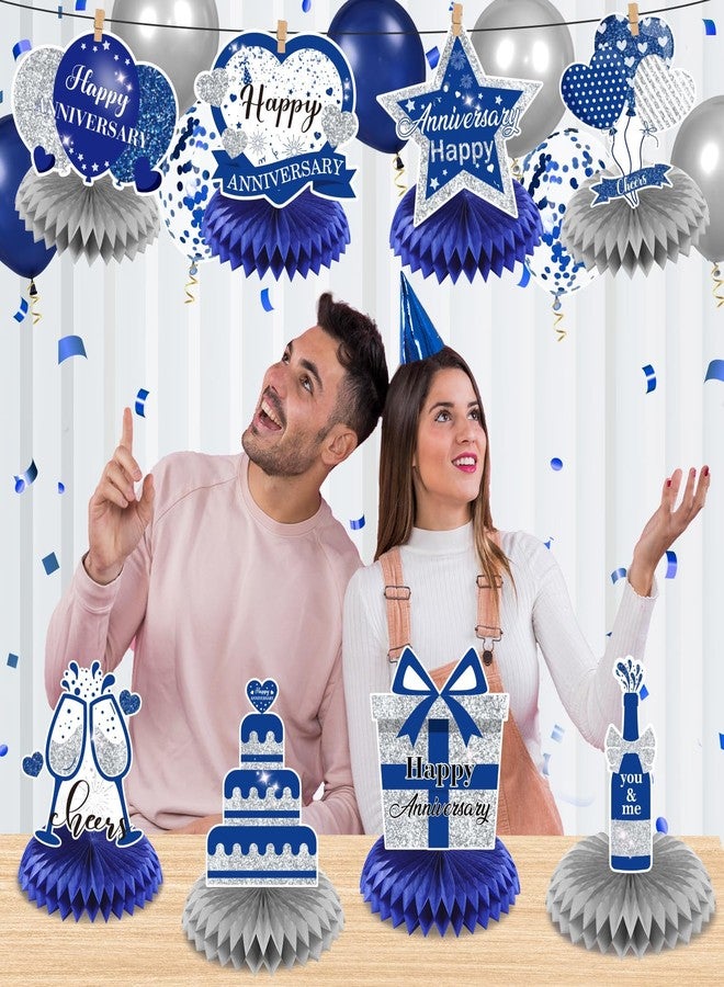 LUUFILx 8Pcs Happy Wedding Anniversary Decorations Blue Silver Anniversary Table Honeycomb Centerpiece Anniversary Table Toppers Party Supplies for Adult 10th 20th 30th 40th 50th 60th Anniversary Table Decor - Image 4