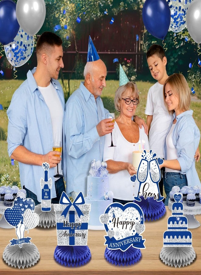 LUUFILx 8Pcs Happy Wedding Anniversary Decorations Blue Silver Anniversary Table Honeycomb Centerpiece Anniversary Table Toppers Party Supplies for Adult 10th 20th 30th 40th 50th 60th Anniversary Table Decor - Image 5