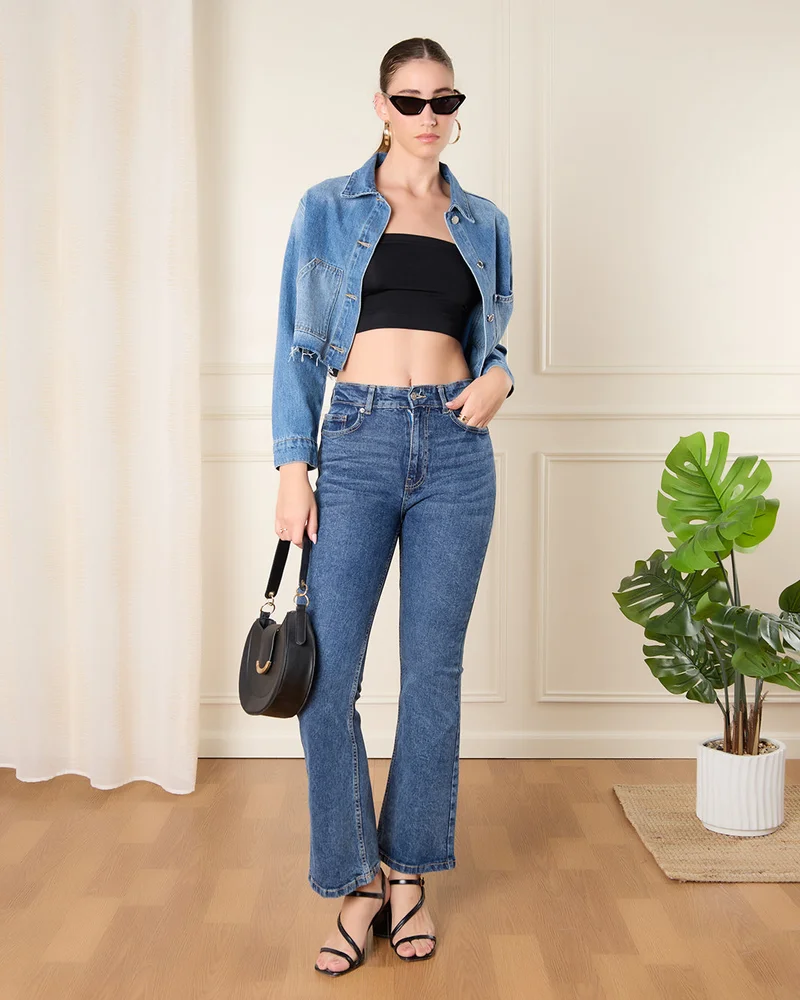REDTAG Women Blue Asymmetric Cropped Jacket