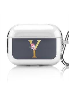Classic Clear printed Case for Apple Airpods Pro Soft TPU Gel Thin Transparent Flexible Cover - Custom Monogram Initial Letter Floral Pattern Alphabet - Y (Grey )