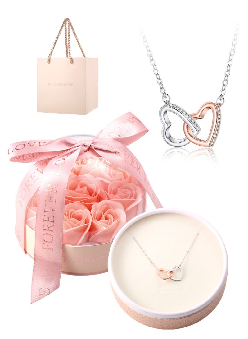 علبة هدية وردة مُحفوظة وردية وقلادة قلب مزدوج ذهبية —— هدية مثالية لأمك / زوجتك / بنتك في يوم الأم / الذكرى الزواجية / عيد الميلاد - Image 1