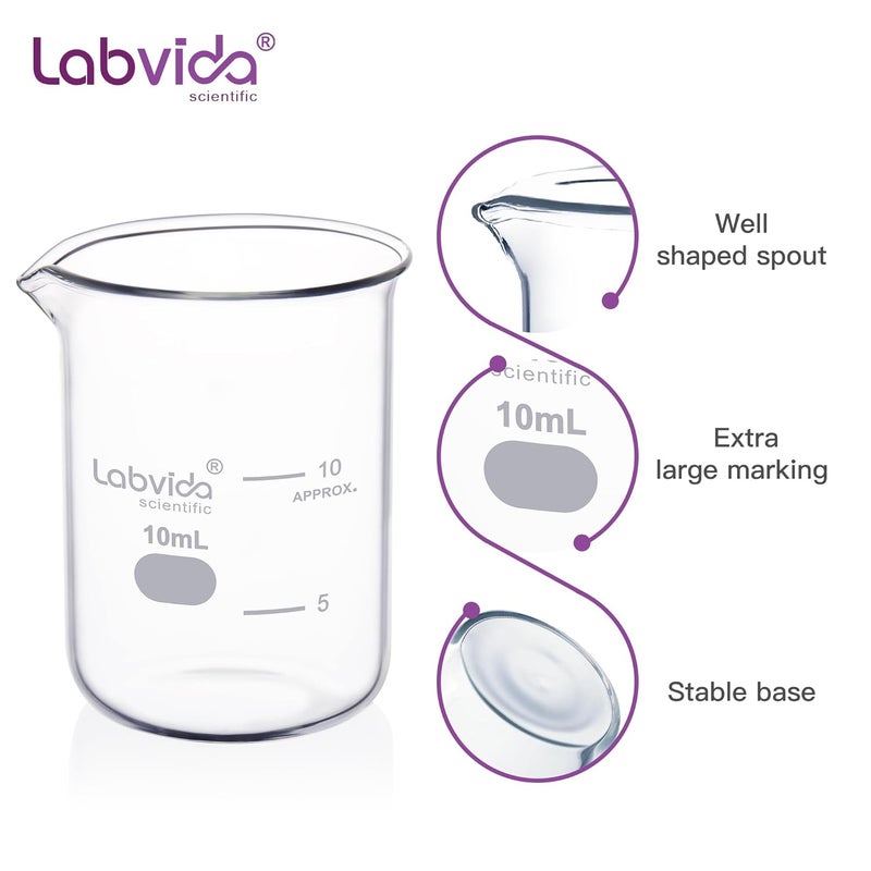 Labvida Upgrated 10ml Beaker Set, 12pcs of Beaker Shot Glasses, Low Form Glass Beakers Set, 3.3 Boro with Printed Graduation, LVA036 - Image 3