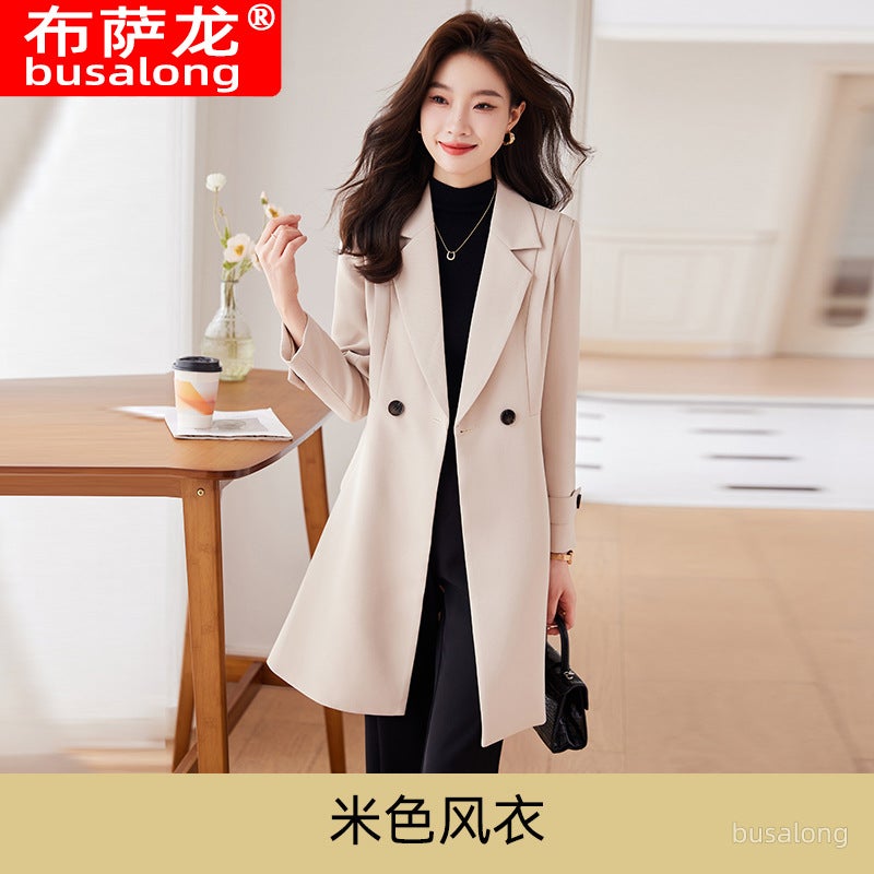 2023 New Womens Overcoat Korean-Style Professional Medium-Length Jacket Windbreaker Working Uniform Trench Coat 9966 Beige coat - Image 1