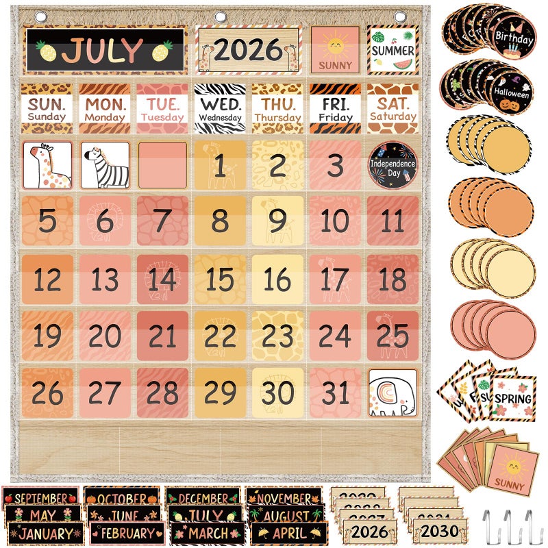 Sinload Classroom Calendar Pocket Chart Set Calendar Bulletin Board Set Seasons Festival Weather Pocket Chart for Classroom Decoration Back to School Supplies(Boho Safari) - Image 1