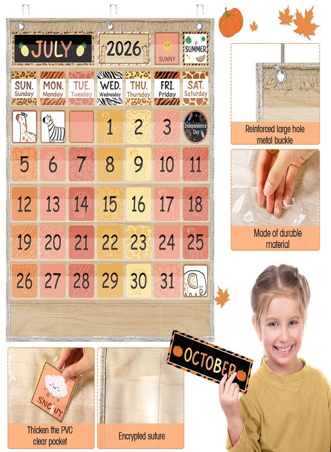 Sinload Classroom Calendar Pocket Chart Set Calendar Bulletin Board Set Seasons Festival Weather Pocket Chart for Classroom Decoration Back to School Supplies(Boho Safari) - Image 4