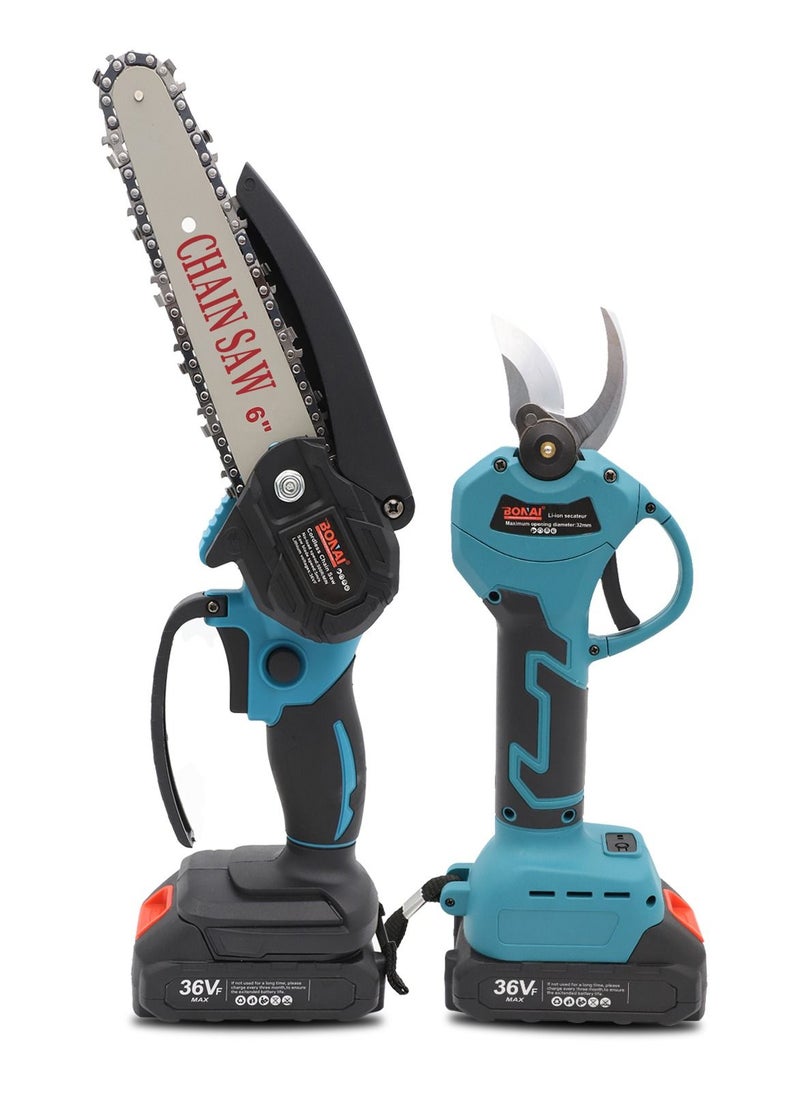 BONAI - Efficient 2 in1 Cordless Tool Set Electric Chainsaw and Pruning Shears with Twin Batteries for Woodwork Garden Fruit and Flower Pruning - Image 1