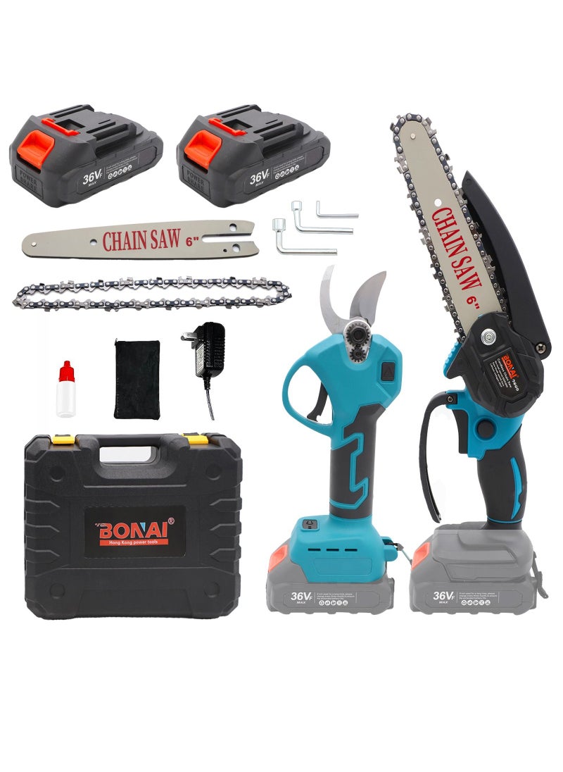 BONAI - Efficient 2 in1 Cordless Tool Set Electric Chainsaw and Pruning Shears with Twin Batteries for Woodwork Garden Fruit and Flower Pruning - Image 1